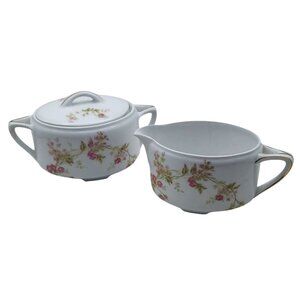 Antique O & E G Royal Austria Porcelain Floral Creamer & Sugar Bowl w/ Lid Set